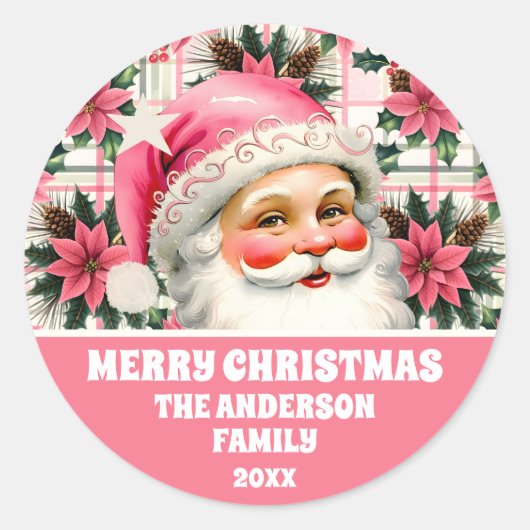 Roze Retro Santa Claus Kerstbloem Plaid Ronde Sticker (Voorkant)