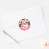 Roze Retro Santa Claus Kerstbloem Plaid Ronde Sticker (Envelop)