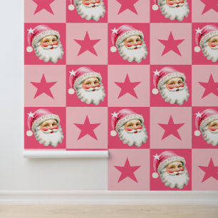 Roze Retro Santa Claus Roze Tartan Plaid Kerstmis Behang