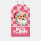 Roze Retro Santa Claus Roze Tartan Plaid Kerstmis Cadeaulabel (Voorkant)