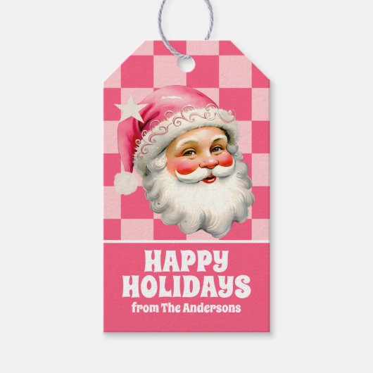 Roze Retro Santa Claus Roze Tartan Plaid Kerstmis Cadeaulabel (Voorkant)