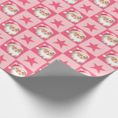 Roze Retro Santa Claus Roze Tartan Plaid Kerstmis Cadeaupapier (Hoek)