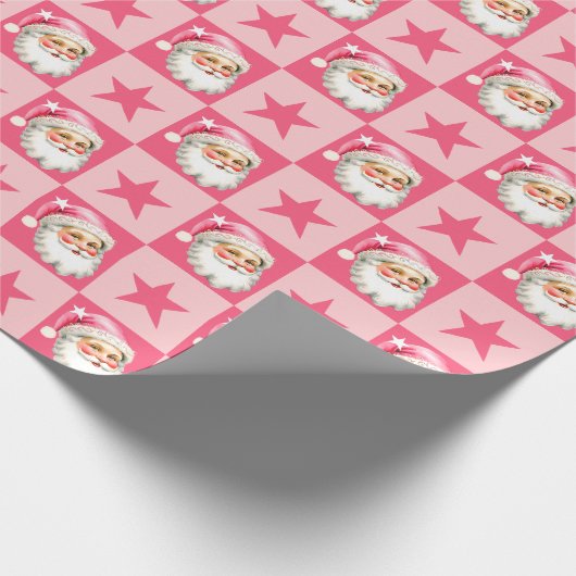Roze Retro Santa Claus Roze Tartan Plaid Kerstmis Cadeaupapier (Hoek)