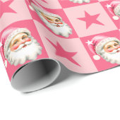 Roze Retro Santa Claus Roze Tartan Plaid Kerstmis Cadeaupapier (Rol Hoek)