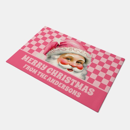Roze Retro Santa Claus Roze Tartan Plaid Kerstmis Deurmat (Schuin)