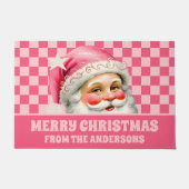 Roze Retro Santa Claus Roze Tartan Plaid Kerstmis Deurmat (Voorkant)