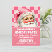 Roze Retro Santa Claus Roze Tartan Plaid Kerstmis Kaart (Staand voorkant)
