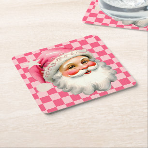 Roze Retro Santa Claus Roze Tartan Plaid Kerstmis Kartonnen Onderzetters