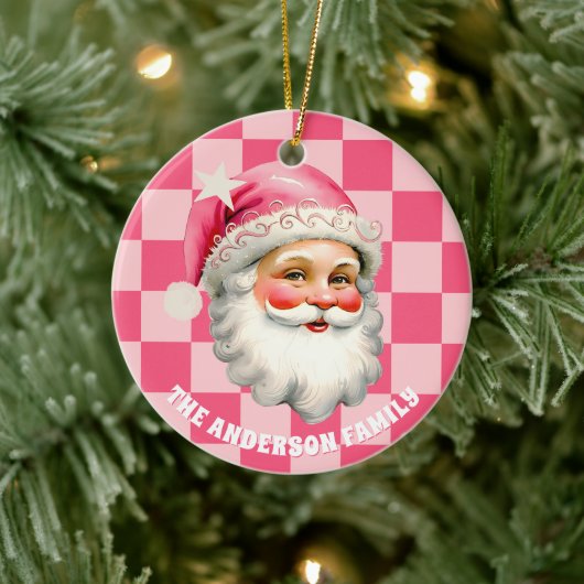 Roze Retro Santa Claus Roze Tartan Plaid Kerstmis Keramisch Ornament (Boom)
