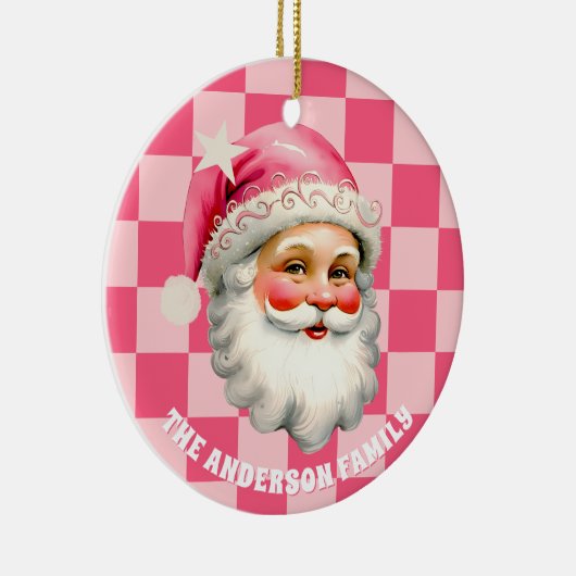 Roze Retro Santa Claus Roze Tartan Plaid Kerstmis Keramisch Ornament (Rechts)