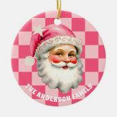 Roze Retro Santa Claus Roze Tartan Plaid Kerstmis Keramisch Ornament (Voorkant)