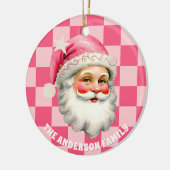Roze Retro Santa Claus Roze Tartan Plaid Kerstmis Keramisch Ornament (Links)