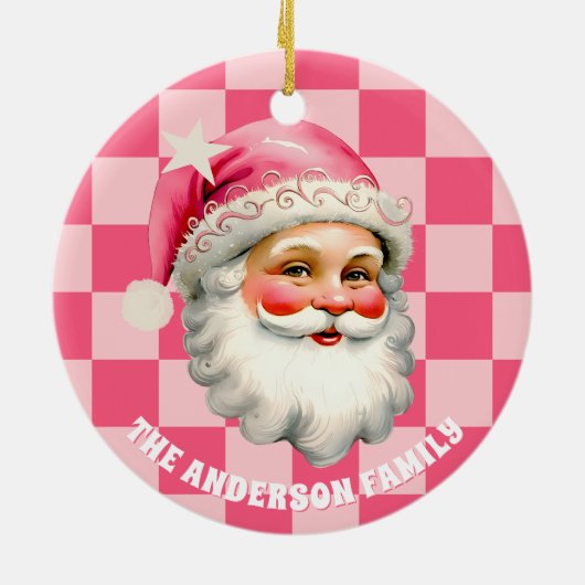 Roze Retro Santa Claus Roze Tartan Plaid Kerstmis Keramisch Ornament (Achterkant)