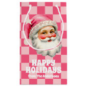 Roze Retro Santa Claus Roze Tartan Plaid Kerstmis Klein Cadeauzakje (Achterkant)