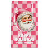 Roze Retro Santa Claus Roze Tartan Plaid Kerstmis Klein Cadeauzakje (Voorkant)