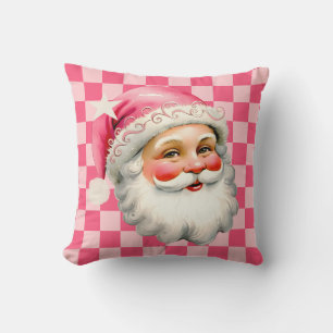 Roze Retro Santa Claus Roze Tartan Plaid Kerstmis Kussen