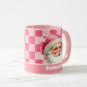 Roze Retro Santa Claus Roze Tartan Plaid Kerstmis Mok (Voorkant rechts)