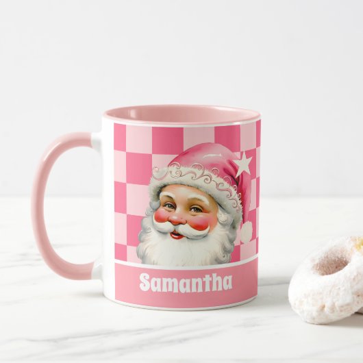 Roze Retro Santa Claus Roze Tartan Plaid Kerstmis Mok (Met donut)