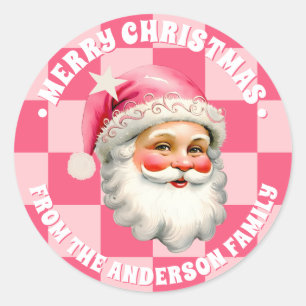 Roze Retro Santa Claus Roze Tartan Plaid Kerstmis Ronde Sticker