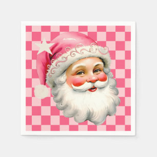 Roze Retro Santa Claus Roze Tartan Plaid Kerstmis Servet