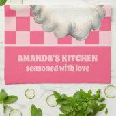 Roze Retro Santa Claus Roze Tartan Plaid Kerstmis Theedoek (Gevouwen)