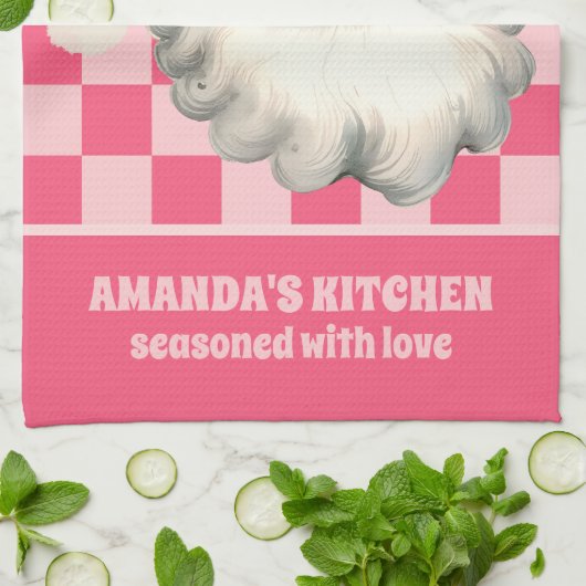 Roze Retro Santa Claus Roze Tartan Plaid Kerstmis Theedoek (Gevouwen)