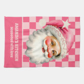 Roze Retro Santa Claus Roze Tartan Plaid Kerstmis Theedoek (Horizontaal)