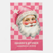 Roze Retro Santa Claus Roze Tartan Plaid Kerstmis Theedoek (Verticaal)