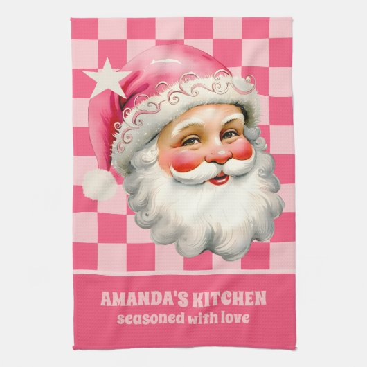 Roze Retro Santa Claus Roze Tartan Plaid Kerstmis Theedoek (Verticaal)