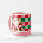 Roze Retro Santa Claus Tartan Plaid Kerstmis Mok (Voorkant links)