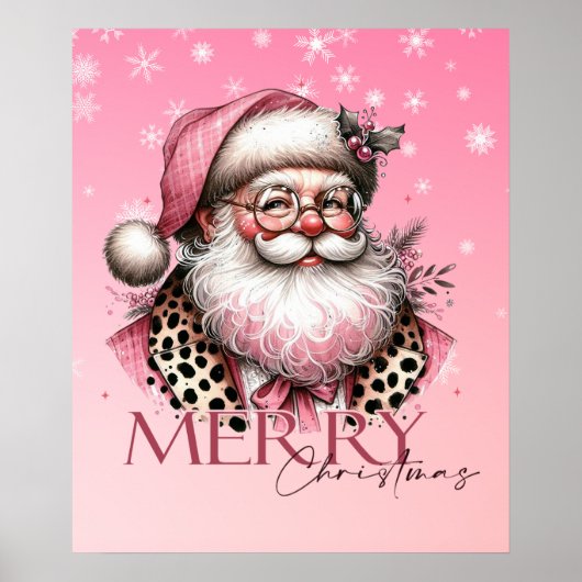 Roze Retro Santa Claus Vrolijk Kerstfeest Poster (Voorkant)