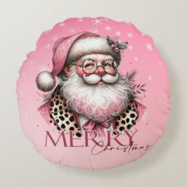 Roze Retro Santa Claus Vrolijk Kerstfeest Rond Kussen