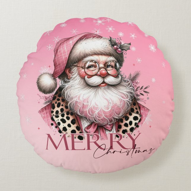 Roze Retro Santa Claus  Vrolijk Kerstfeest Rond Kussen (Voorkant)