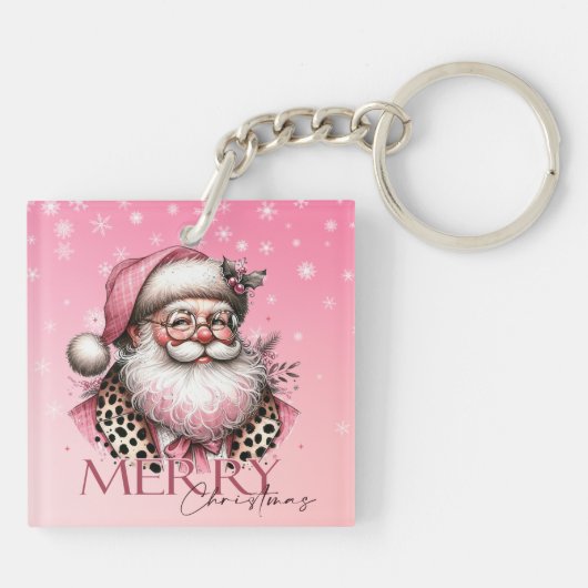 Roze Retro Santa Claus  Vrolijk Kerstfeest Sleutelhanger (Achterkant)