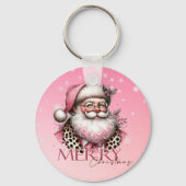 Roze Retro Santa Claus Vrolijk Kerstfeest Sleutelhanger (Voorkant)