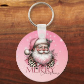 Roze Retro Santa Claus  Vrolijk Kerstfeest Sleutelhanger (Voorkant)