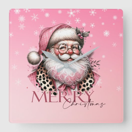 Roze Retro Santa Claus Vrolijk Kerstfeest Vierkante Klok (Voorkant)