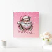 Roze Retro Santa Claus Vrolijk Kerstfeest Vierkante Klok (Huis)