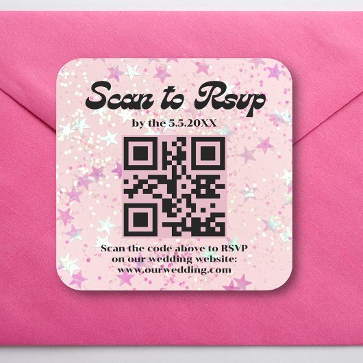 roze retro schrift rsvp qr code bruiloft   vierkante sticker