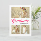 Roze Retro Script Drie Foto Afstudeer Uitnodiging (Staand voorkant)