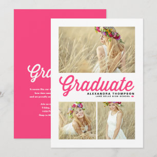 Roze Retro Script Drie Foto Afstudeer Uitnodiging