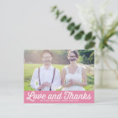 Roze Retro Script Foto bruiloft Dank u Briefkaart (Staand voorkant)