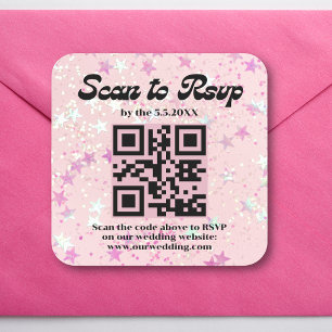 roze retro script rsvp qr code bruiloft   vierkante sticker