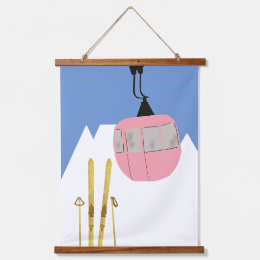 Roze Retro Ski Lift Berg Hangend Wandkleed (Voorkant)