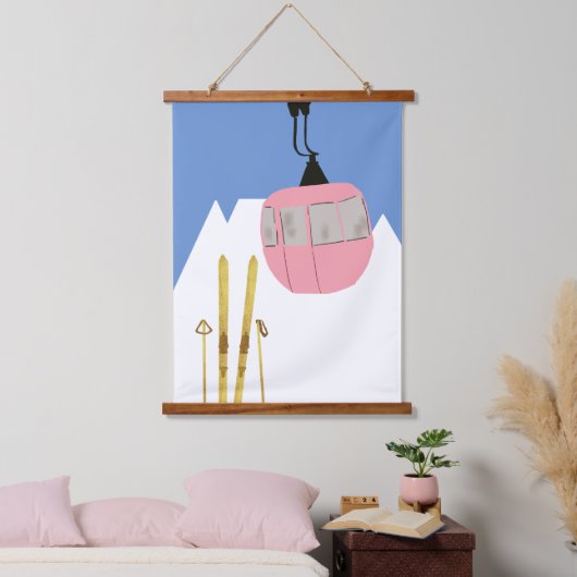 Roze Retro Ski Lift Berg Hangend Wandkleed (Slaapkamer)