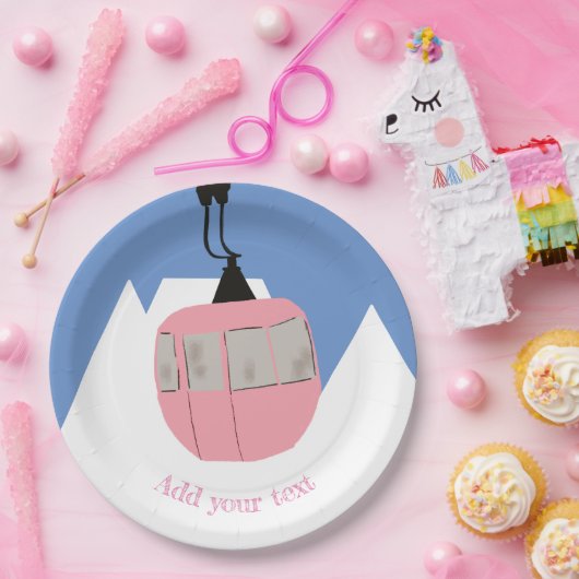 Roze Retro Skilift Skiën Sneeuwberg Papieren Bordje (Feest)
