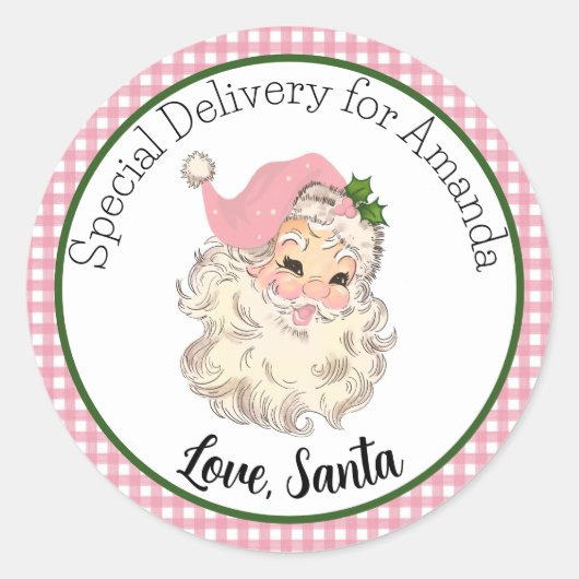 Roze Retro Speciale levering Santa Gift Label (Voorkant)