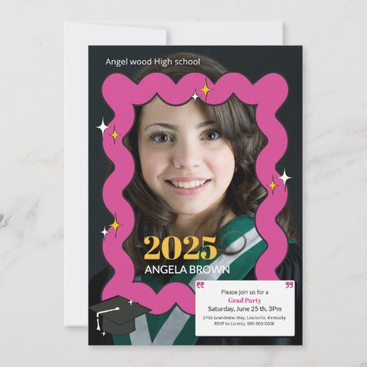 Roze retro squiggle golvend afstuderen aankondiging (Voorkant)