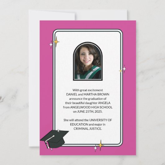 Roze retro squiggle golvend afstuderen aankondiging (Achterkant)