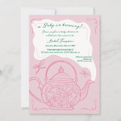 Roze retro strikken theepot baby is brouwen douche kaart (Voorkant)